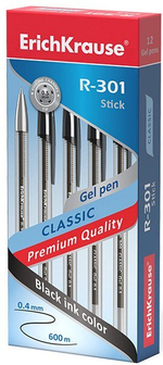 Ручка гелевая ErichKrause R-301 Classic Gel Stick, толщина линии 0,4 мм, чёрная, 12 штук