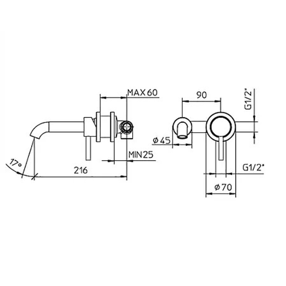 Bossini Oki смеситель для раковины, настенный на 2 отверстия, однорычажный, скрытая часть в комплекте, цвет хром