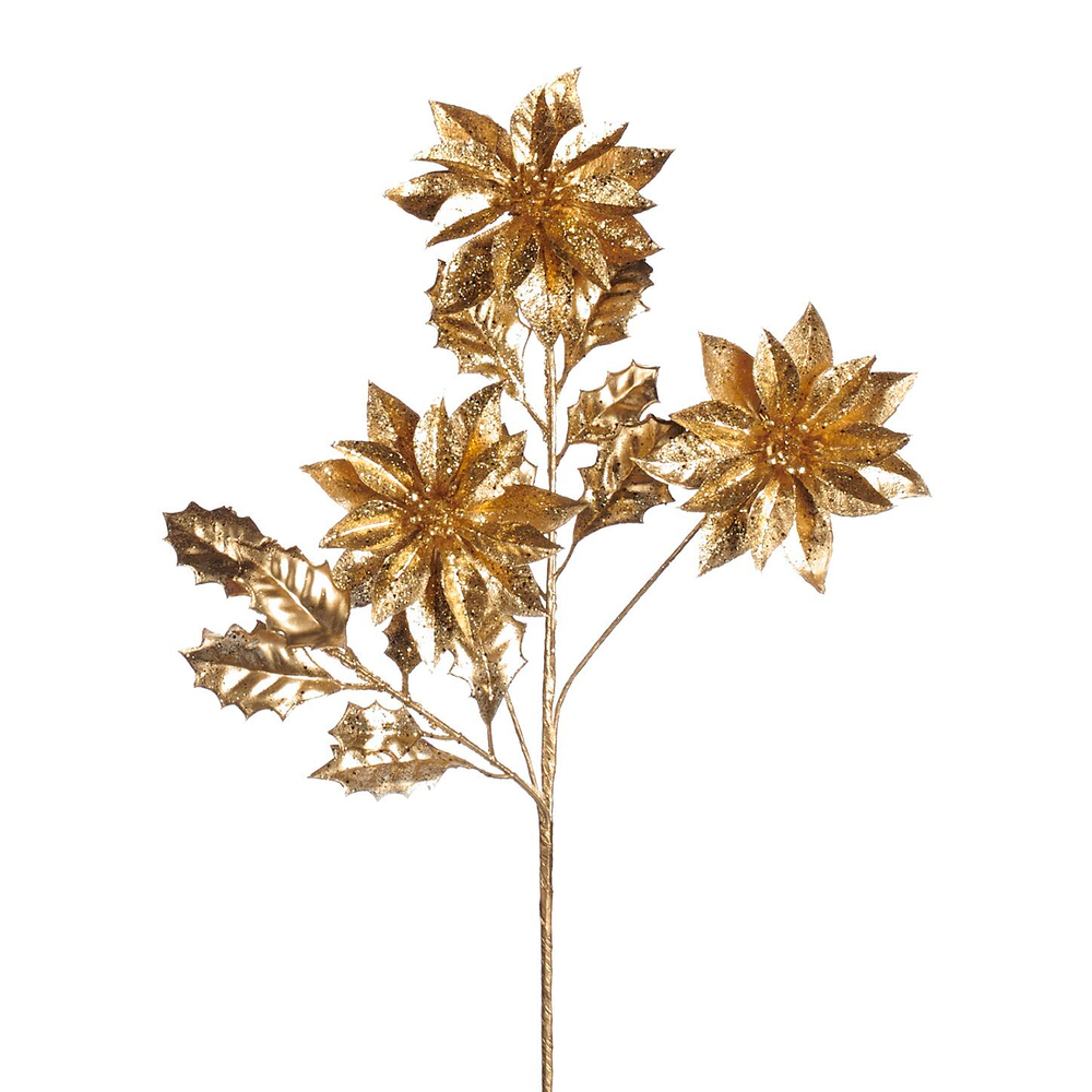Ветка с пуансеттиями и листиками 56см Goodwill золотая