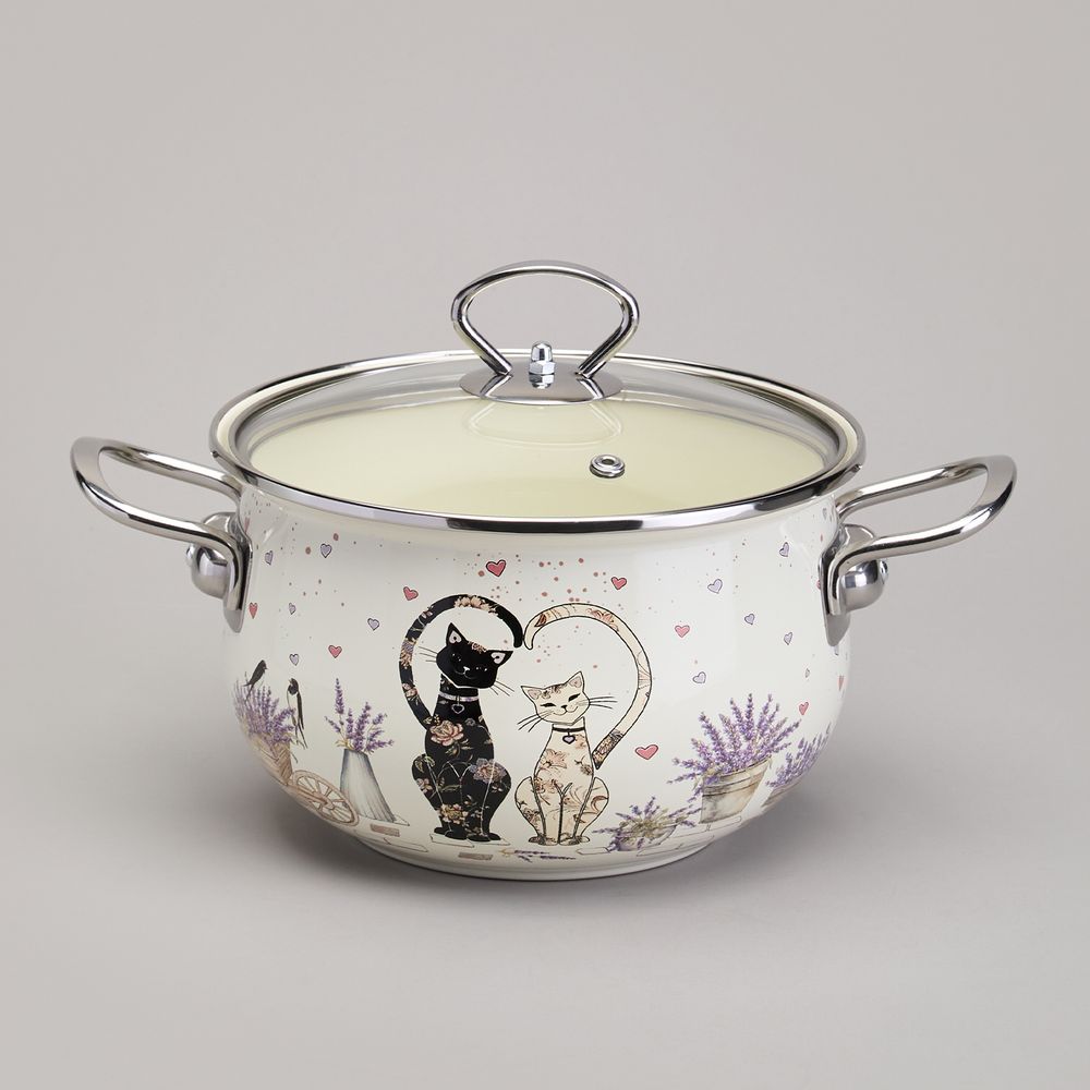КАСТРЮЛЯ AGNESS ЭМАЛИРОВАННАЯ СО СТЕКЛЯННОЙ КРЫШКОЙ СЕРИЯ "LAVENDER CATS", 2,8 Л ДИА. 20СМ