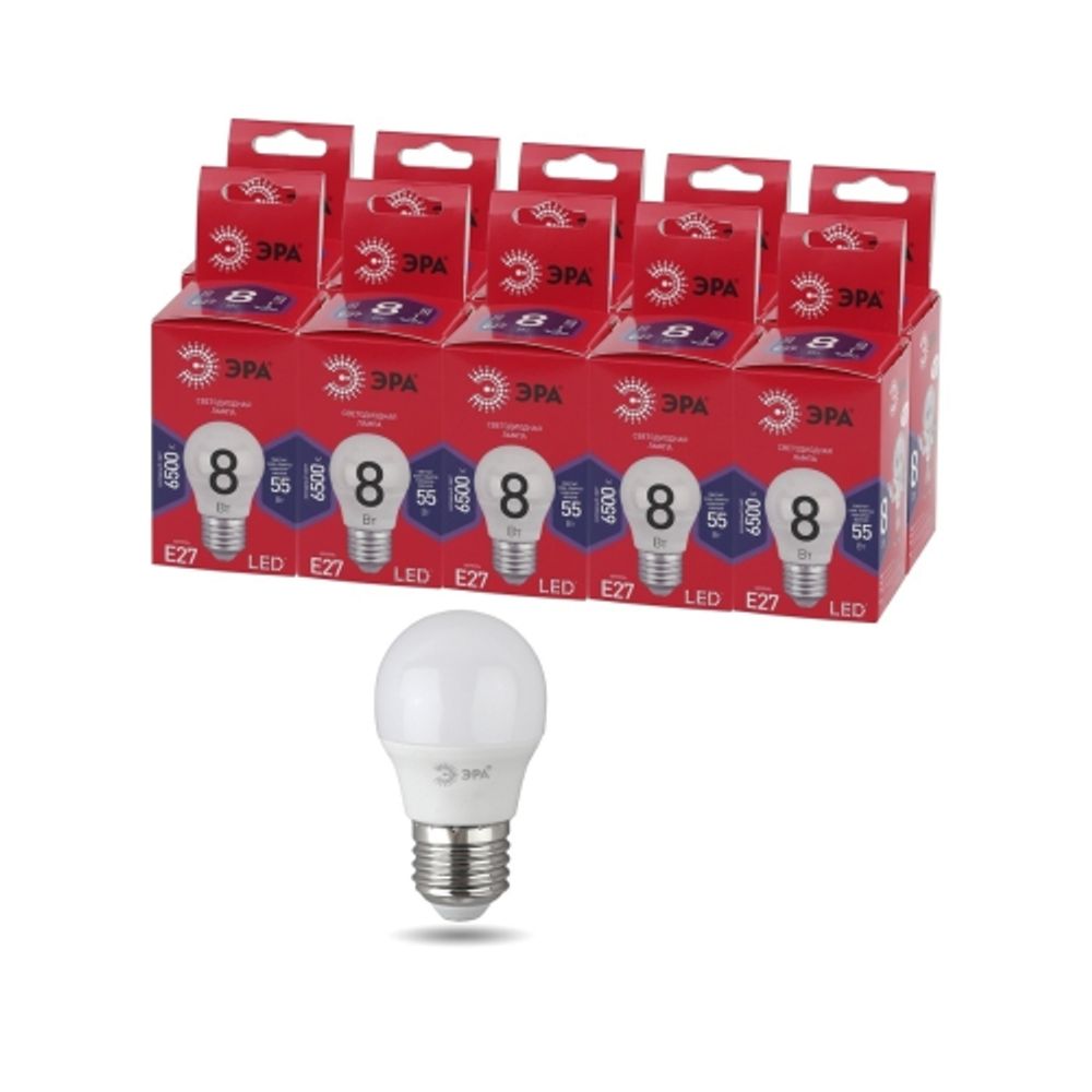 Лампа светодиодная ЭРА RED LINE LED P45-8W-865-E27 R 8Вт шар холодный дневной свет E27 | Лампы cветодиодные Шар (G/P)