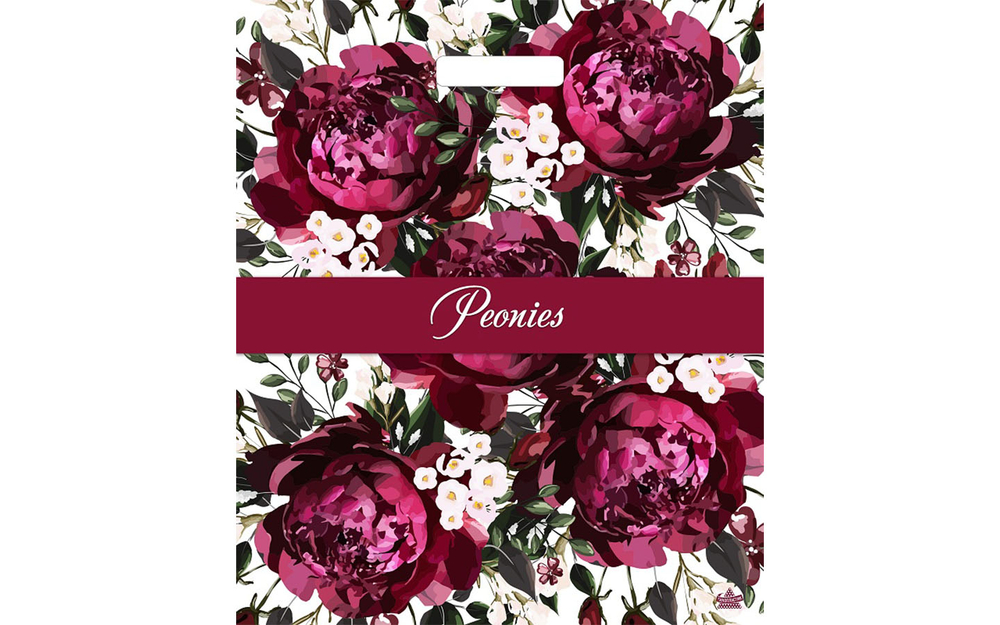 Пакет с вырубной ручкой Бордовые пионы 38*45см 60мк ТИКО Глянец (50 шт/уп)