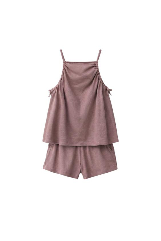 ZARA КОМПЛЕКТ ИЗ ТОПА И ШОРТОВ С ХЛОПКОМ И ЛЬНОМ, СЕРОВАТО-КОРИЧНЕВЫЙ