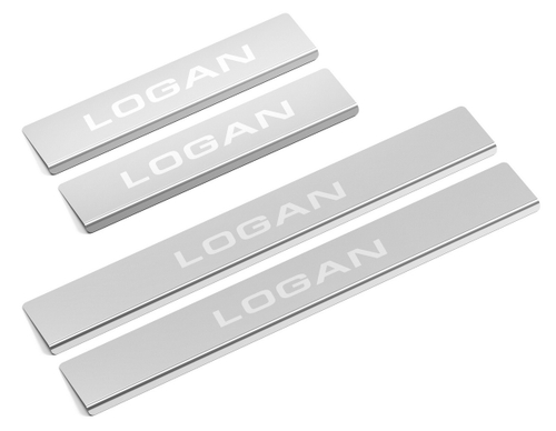 Накладки на пороги AutoMax для Renault Logan II седан 2014-2018 2018-н.в., нерж. сталь, с надписью, 4 шт., AMRELOG01