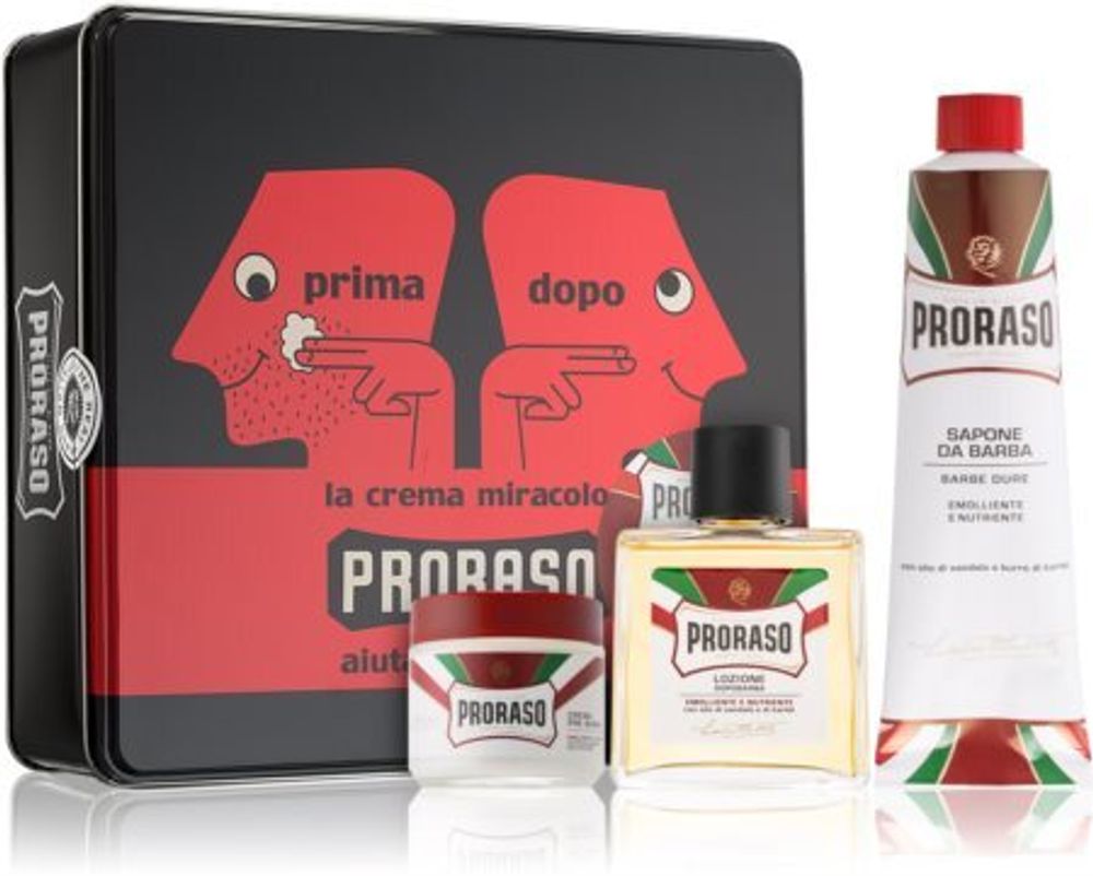 Proraso крем перед бритьем от жесткой щетины 100 мл + мыло для бритья от жестких волос на лице в тюбике 150 мл + вода после бритья 100 мл + жестяная коробка Set Whole Routie