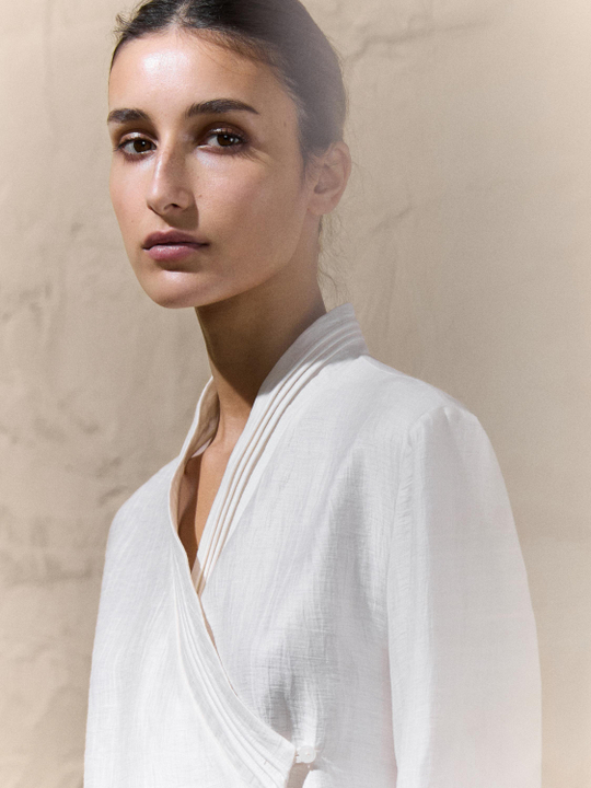 Massimo Dutti Кимоно из смесовой льняной ткани с отворотами, желтовато-белый