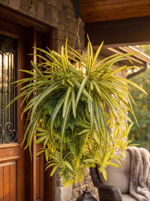 Искусственное растение Хлорофитум с зеленью в подвесном черном кашпо