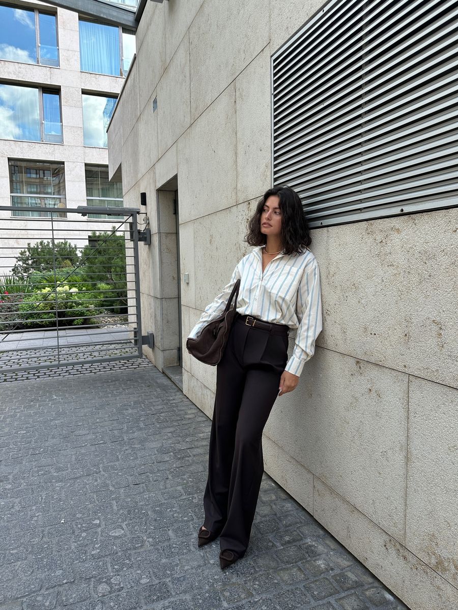 Рубашка из хлопка в бежево-голубую полоску