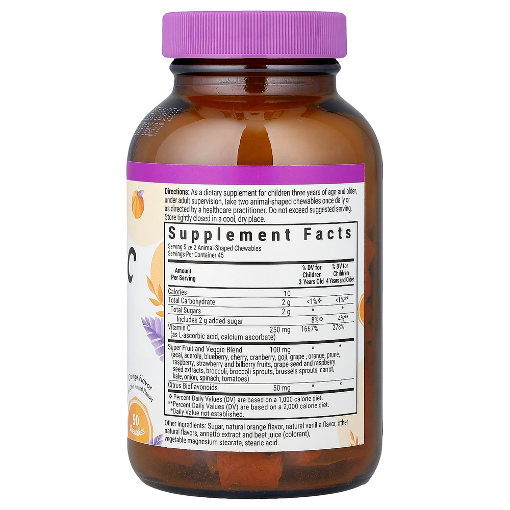 Bluebonnet Nutrition, Rainforest Animalz®, витамин C с биофлавоноидами, со вкусом апельсина, 90 жевательных таблеток