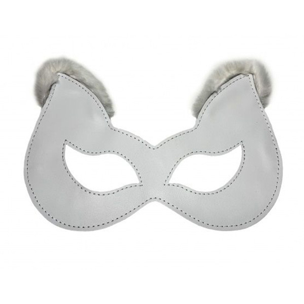 Белая кожаная маска с мехом на ушках БДСМ Арсенал 20023