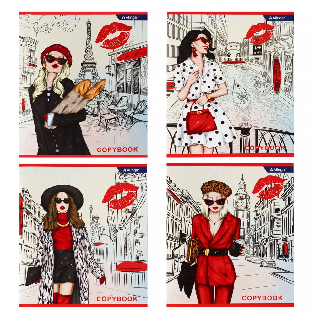 Тетрадь 48л., А5, клетка, Alingar "Girls in the city", скрепка, мелованный картон (стандарт), выб УФ лак, блок офсет, 4 дизайна в пленке т/у