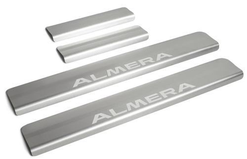 Накладки на пороги Rival для Nissan Almera G15 2012-2018, нерж. сталь, с надписью, 4 шт., NP.4104.3