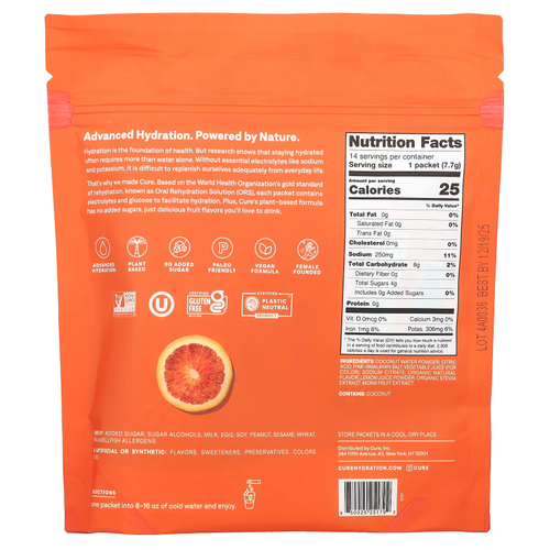 Cure Hydration, Смесь для приготовления электролитов, красный апельсин, 14 пакетиков по 7,7 г (0,27 унции)