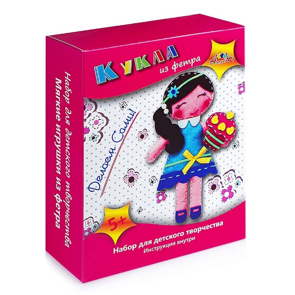 Набор для изготовления куклы из фетра Апплика 200х155х50 мм, картонная упаковка, "Кукла с пирожным"