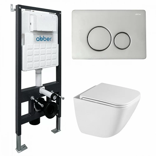 Унитаз подвесной ABBER Rechteck AC1220TC-AC0105-AC0121 белый/кнопка хром глянцевый, с крышкой микролифт, с инсталляцией, безободковый, слив-торнадо