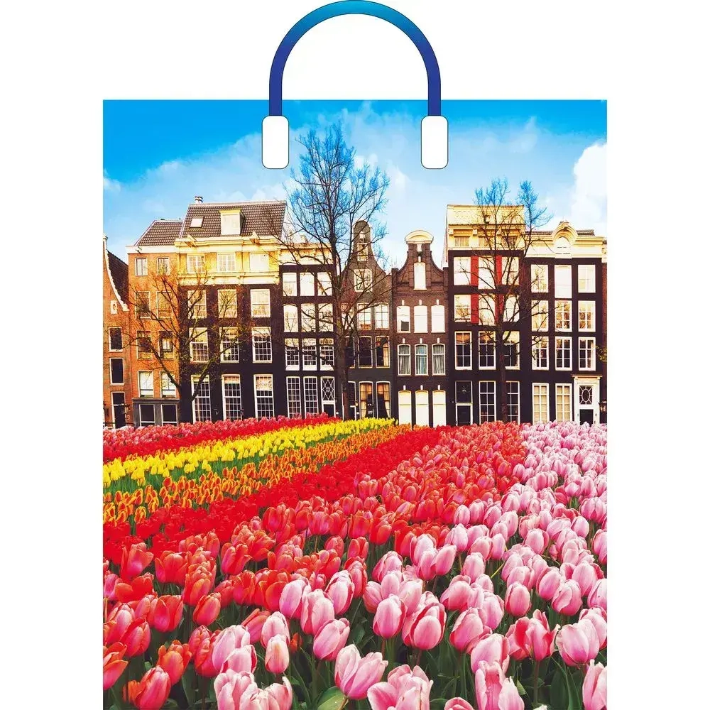 Пакет ПЭ с пластмассовыми ручками 38+3см(Весна в городе) Глянце (комплект 5 шт)