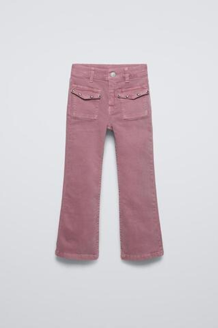 ZARA ДЖИНСЫ BOOT-CUT С ЗАКЛЕПКАМИ, ЛИНЯЛЫЙ РОЗОВЫЙ
