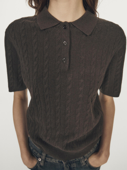 Massimo Dutti Футболка-поло из трикотажного трикотажа с короткими рукавами, шоколадно-коричневый