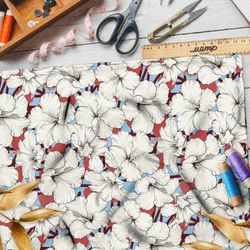 Ткань лён белые пышные цветы на голубом фоне