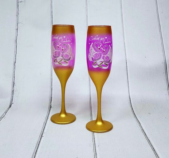 Свадебные бокалы , золото с темно-розовым, Совет да любовь, марганец