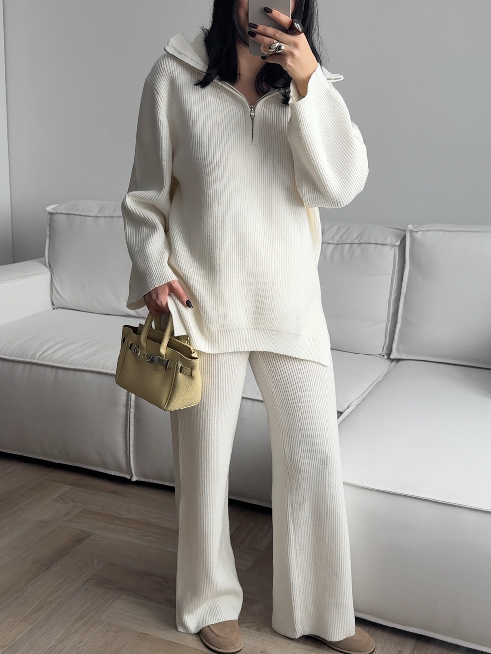 Комплект вязаный, брюки и свитер с молнией