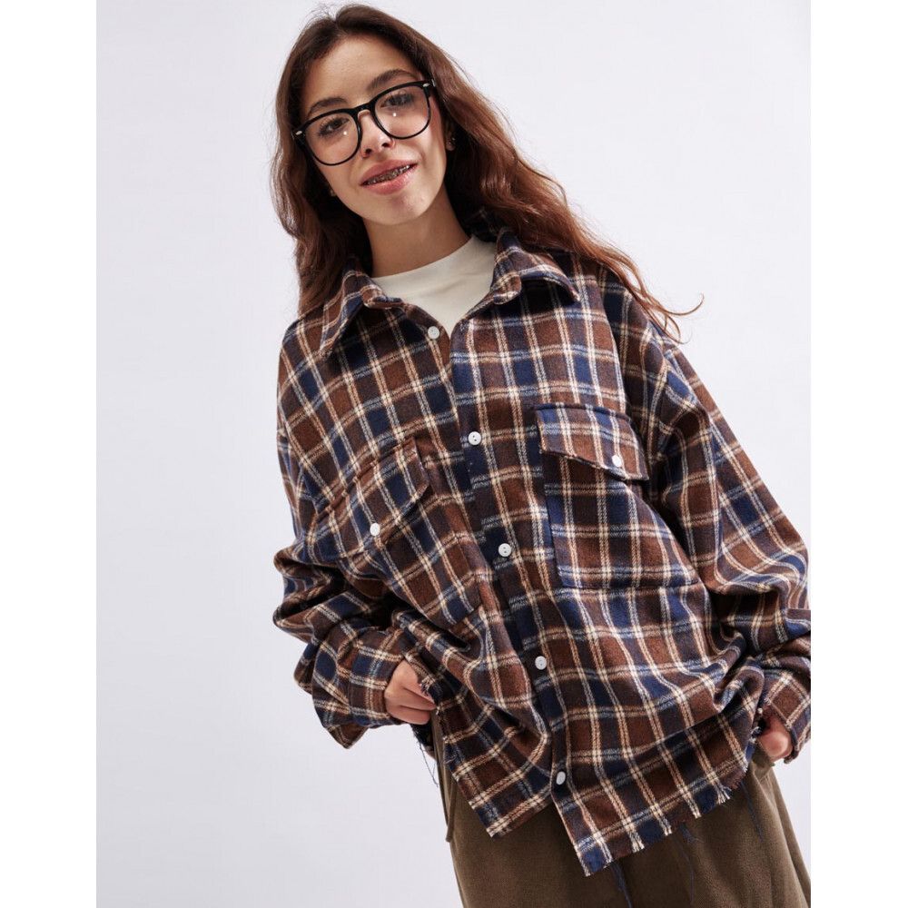 Рубашка БИЧ укороченная с шерстью клетка коричневая