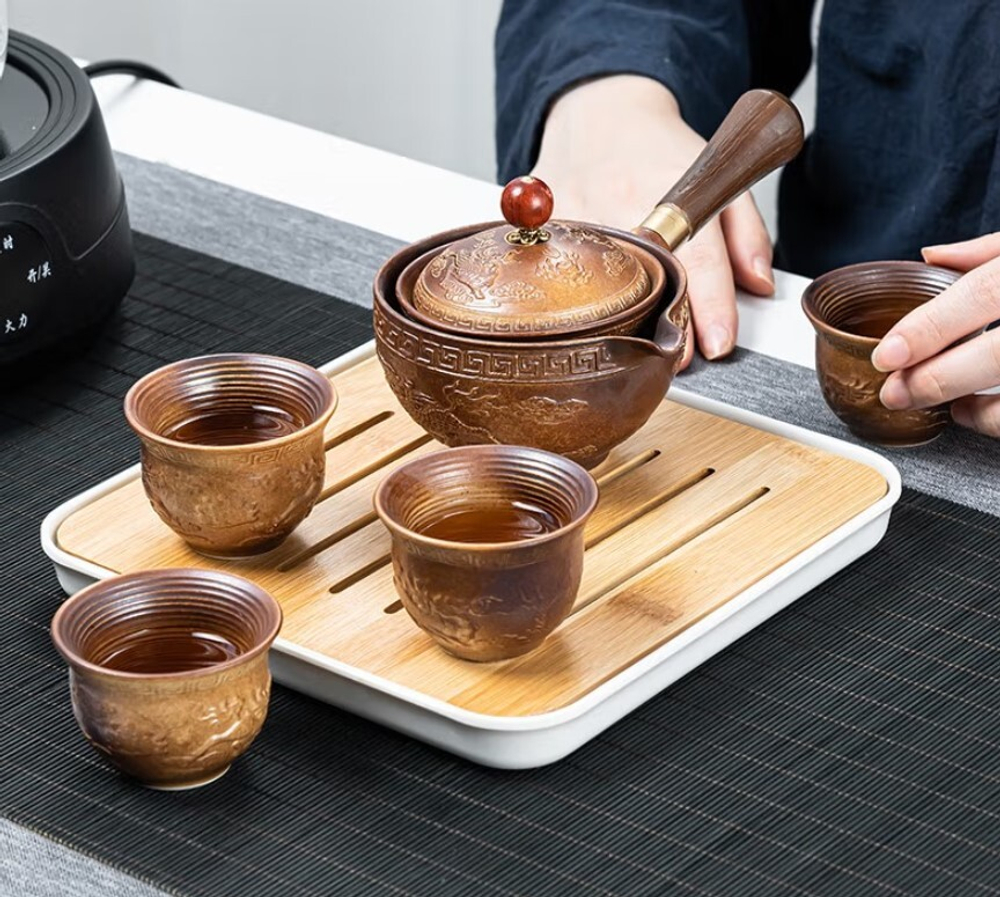 278159.4 Сервиз "Летучая гайвань" гайвань, 4 пиалы, чабань, в подар.коробке, керамика коричневый