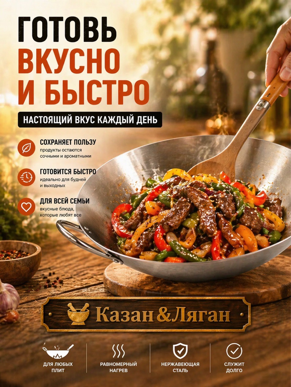 Вок нержавейка 40 см с деревянной ручкой