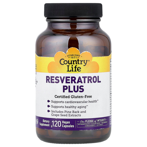 Country Life, Resveratrol Plus, ресвератрол, 120 веганских капсул