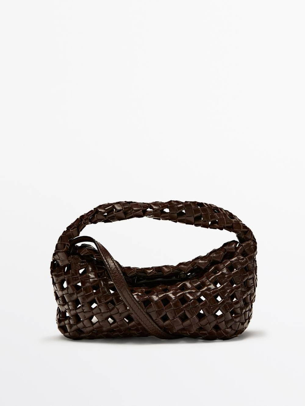 Massimo Dutti Плетеная мини-сумка из кожи наппа, коричневый