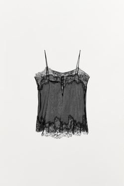 ZARA ПЛИССИРОВАННЫЙ КРУЖЕВНОЙ ТОП, ЧЕРНЫЙ