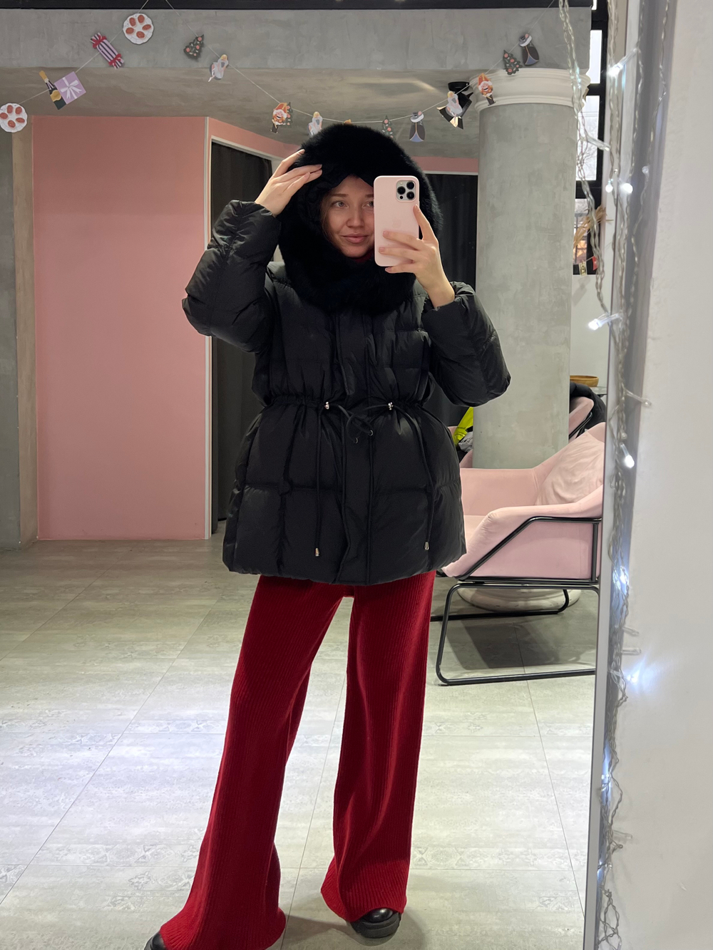 Пуховик Fresh миди с кулиской черный