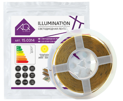 Лента светодиодная COB, 480 LED, 12V, 9,6W/м, 5 мм, IP20, теплый белый, 5м, AQ (15.0302)