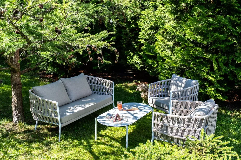 "Диего" лаунж-зона 4-местная плетеная из роупа (веревки), каркас алюминиевый белый, роуп бежевый