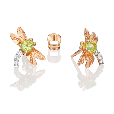 Серьги-пусеты «Стрекозы» из красного золота с хризолитом, натуральными топазами white и эмалью