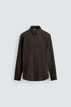 ZARA РУБАШКА REGULAR FIT ИЗ 100% ЛЬНА, ШОКОЛАДНЫЙ