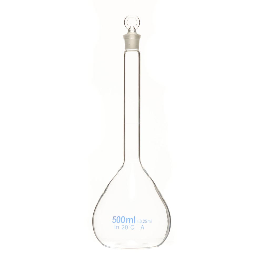 Колба мерная, 500 мл, светлое боросиликатное стекло, стеклянная пробка