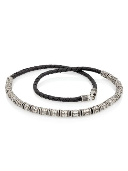 Браслет набор рун 24 шт из мельхиора на черном кожаном шнуре с замком Captain Hook, полузавернутый в два оборота