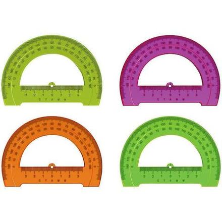 Транспортир пластиковый 12см, 180°, отлитая шкала, прозрачный, флуоресцентный 4цв, Стамм
