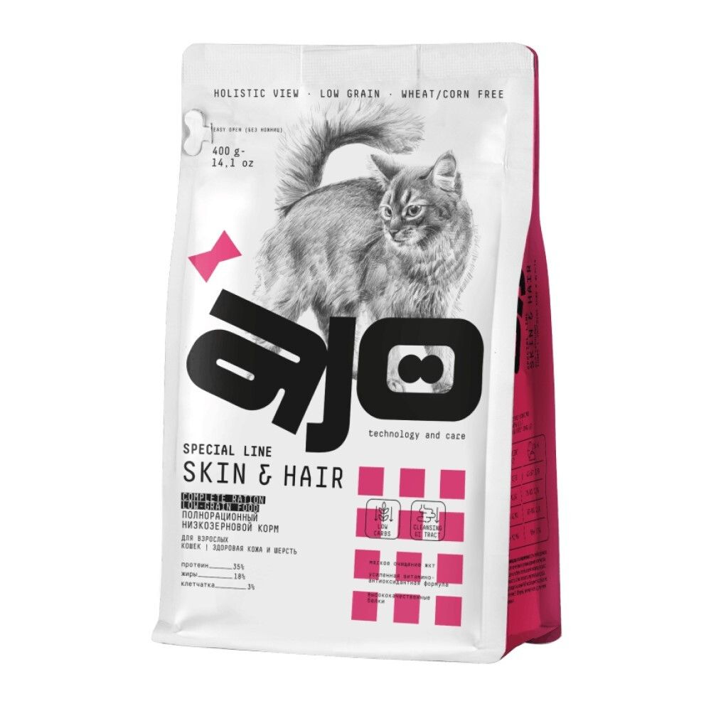 AJO Cat Skin &amp; Hair корм для кошек для улучшения кожи и шерсти с индейкой, курицей и лососем