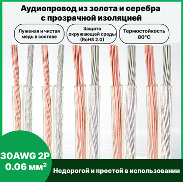 Аудиокабель из золота и серебра 30AWG 2P 0.06 мм² 10 м