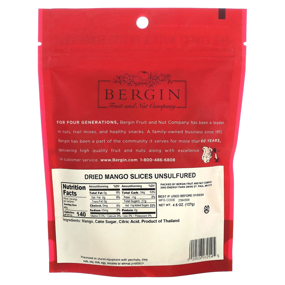 Bergin Fruit and Nut Company, Манго, сушеные ломтики, 127 г (4,5 унции)