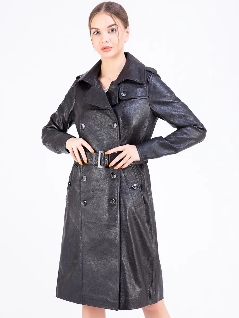 Тренч длинный кожаный с поясом плащ на весну