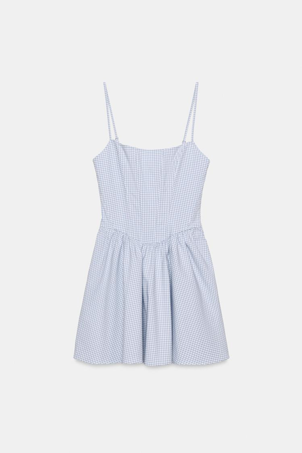 ZARA ПЛАТЬЕ-КОРСЕТ В КЛЕТКУ ВИШИ С ОБЪЕМНОЙ ЮБКОЙ, СИНИЙ/БЕЛЫЙ