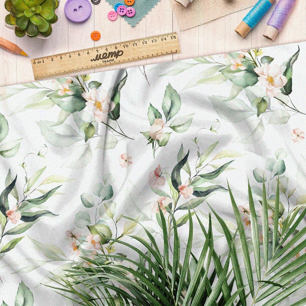 Ткань интерлок акварельные листья с цветами