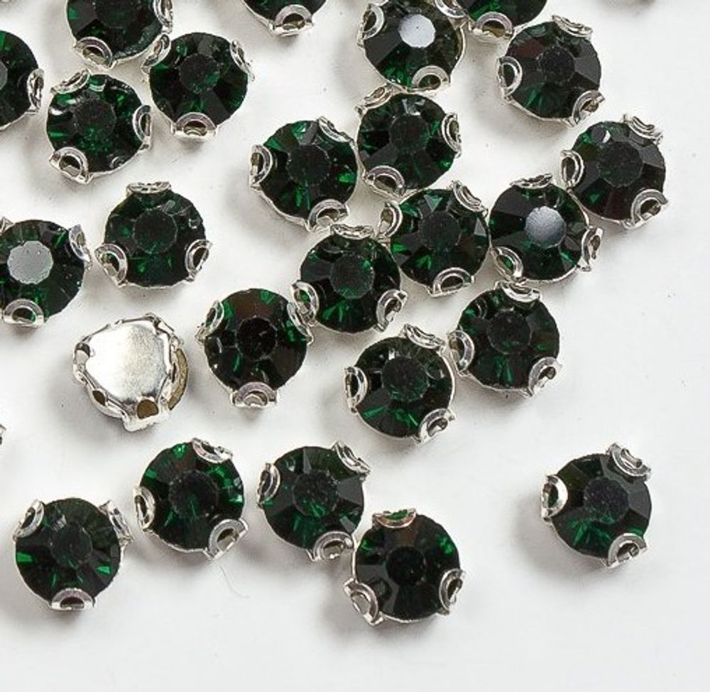 Стразы пришивные стекло в оправе, d 8,5 мм, изумрудный