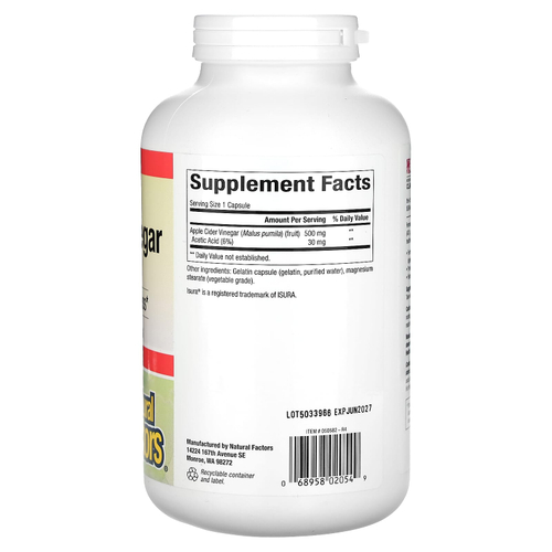 Natural Factors, Яблочный уксус, 500 мг, 360 капсул