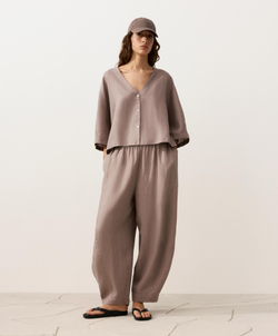 Oysho Рубашка с коротким рукавом из 100% льна, серо-коричневый