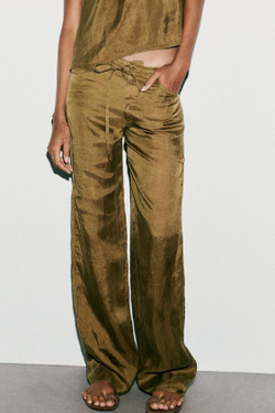 ZARA ПИЖАМНЫЕ БРЮКИ С ПОЯСОМ, СВЕТЛЫЙ ХАКИ