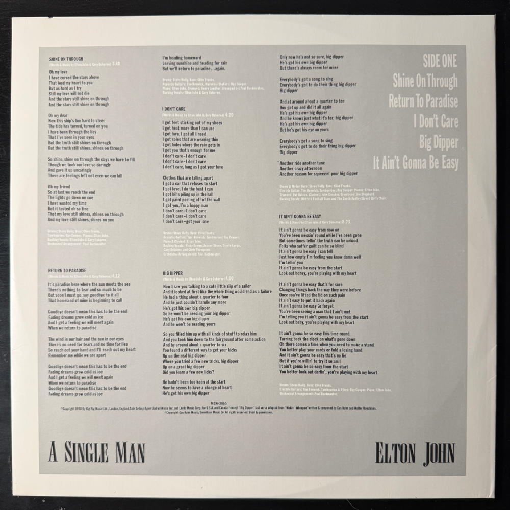 Elton John ‎– A Single Man (США 1978г.) Т